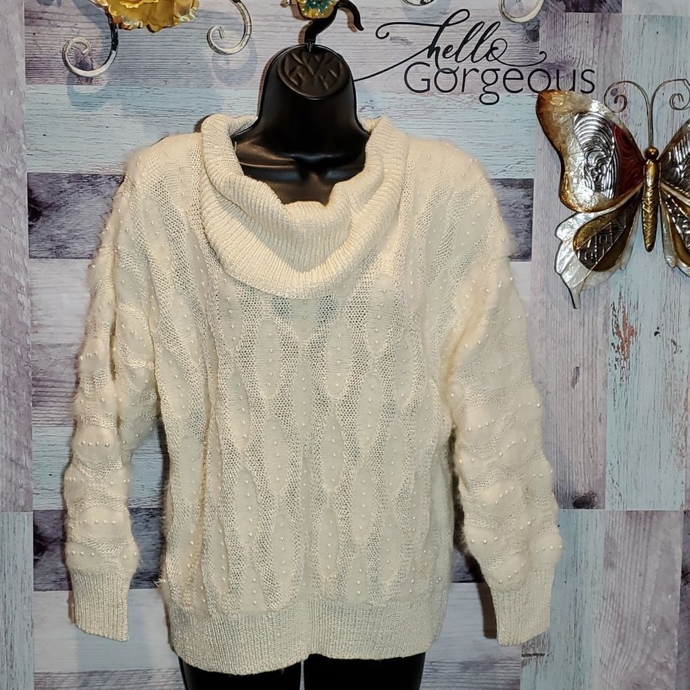 Jon Lawrence  Vintage Cream Wool/Angora Beaded Heavy Cowl Neck Sweater BoHo Warm